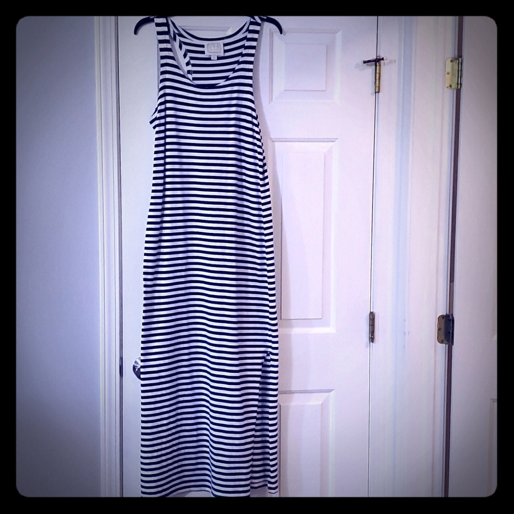 White and navy striped maxi dress.
